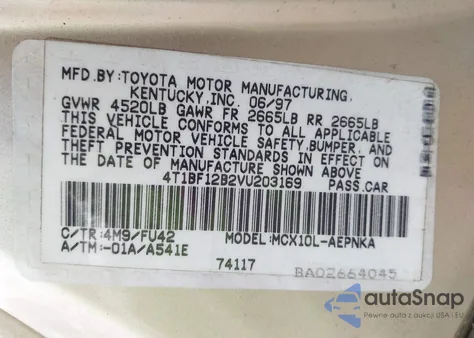 1997 Toyota Avalon Xl/Xls z USA, uszkodzony, nr VIN 4T1BF12B2VU203169